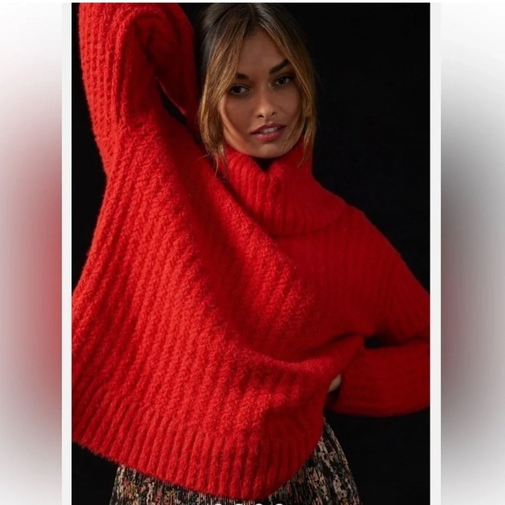 Maeve Anthropologie Red Chunky Ribbed Sweater Oversized Funnel Neck Knit Top Sml